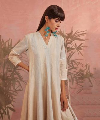Beige And White Linen Flared Anarkali With Pants & Dupatta 6