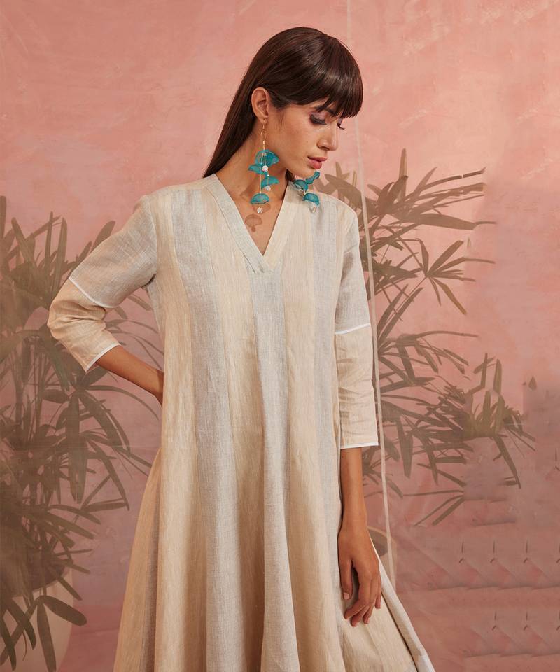 Beige And White Linen Flared Anarkali With Pants & Dupatta