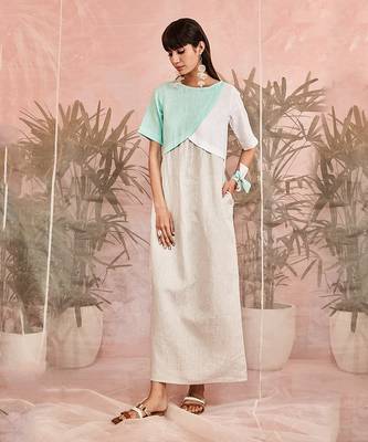Blue And White Linen Contrast flap dress 1