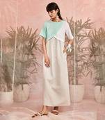 Blue And White Linen Contrast flap dress