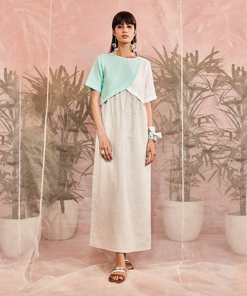 Blue And White Linen Contrast flap dress