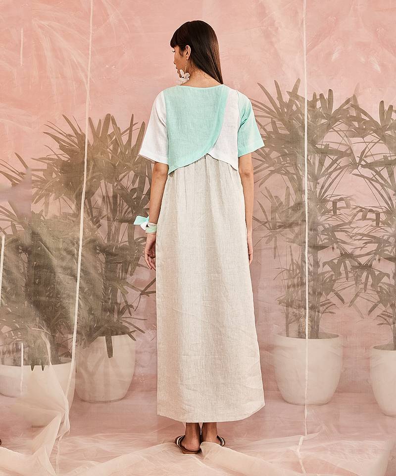 Blue And White Linen Contrast flap dress