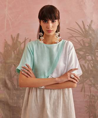 Blue And White Linen Contrast flap dress 4