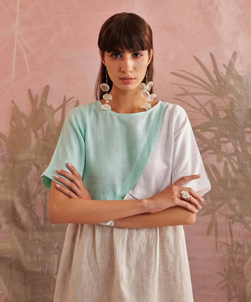 Blue And White Linen Contrast flap dress