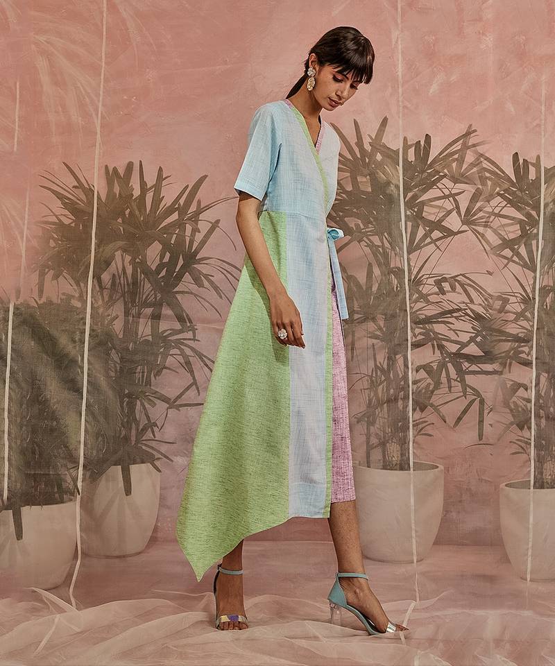 Multicolored Mid Length Wrap Around Dress