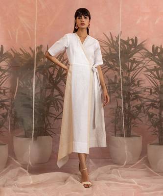 White And Beige Linen Mid Length Wrap Around Dress 1