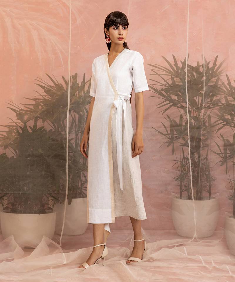White And Beige Linen Mid Length Wrap Around Dress