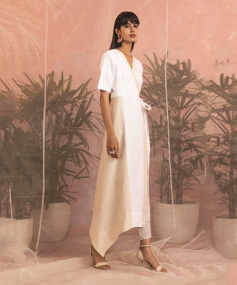 White And Beige Linen Mid Length Wrap Around Dress
