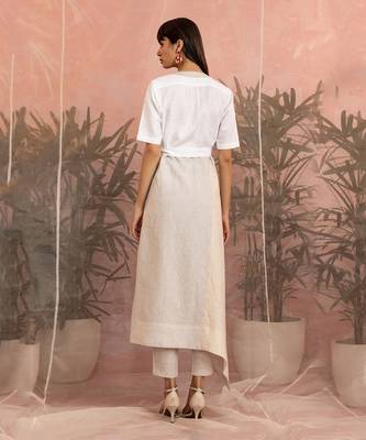 White And Beige Linen Mid Length Wrap Around Dress 4