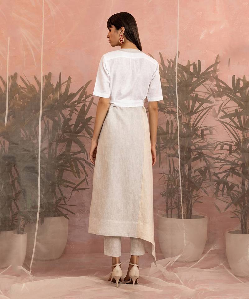 White And Beige Linen Mid Length Wrap Around Dress