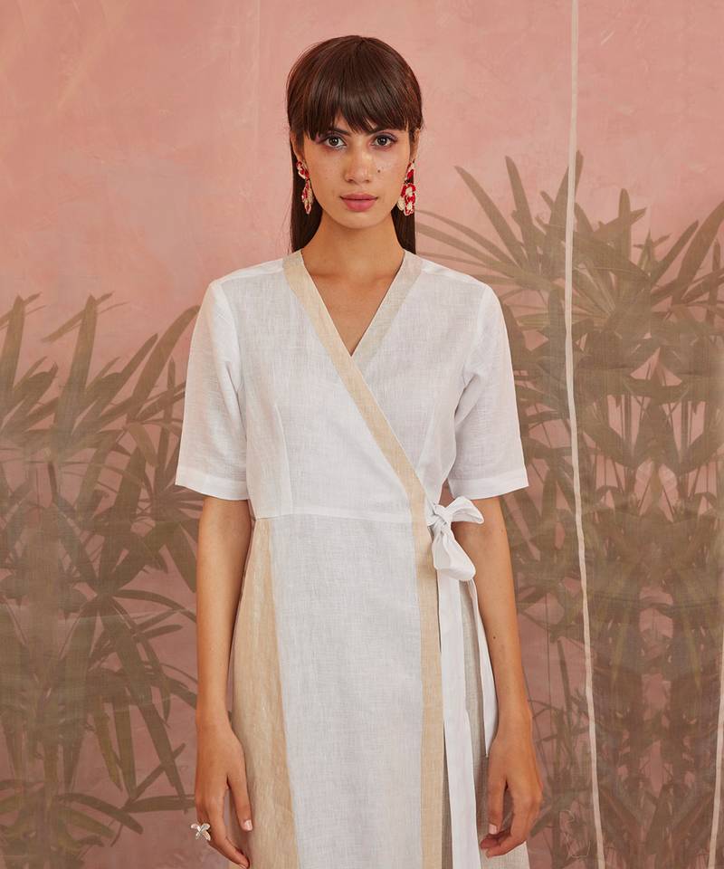 White And Beige Linen Mid Length Wrap Around Dress