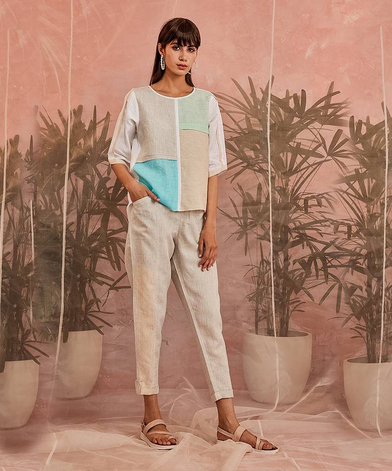 Linen Short Colorful Paneled Top With Multicolored Pant - Set of 2