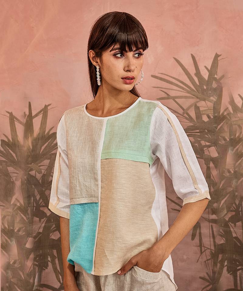 Linen Short Colorful Paneled Top With Multicolored Pant - Set of 2