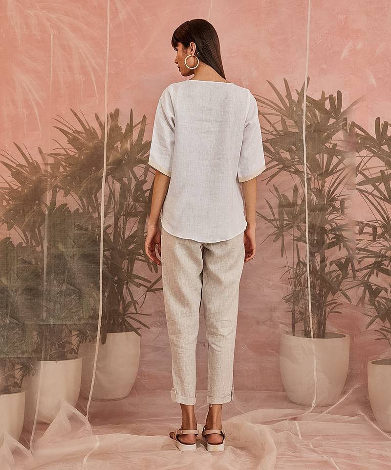 Linen Short Colorful Paneled Top With Multicolored Pant - Set of 2