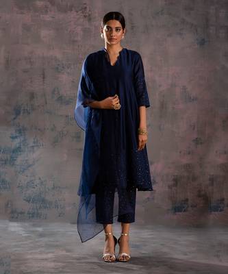 Midnight Blue Flared Anarkali With Pant & Dupatta  1