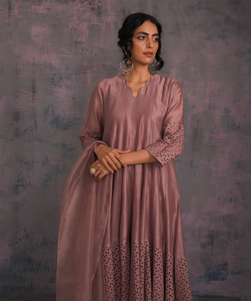 Berry Mauve Flared Anarkali With Pant & Dupatta