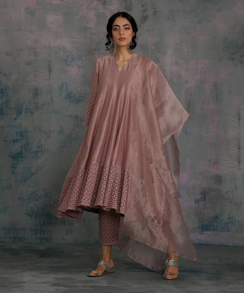 Berry Mauve Flared Anarkali With Pant & Dupatta