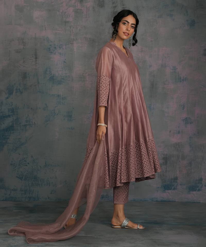 Berry Mauve Flared Anarkali With Pant & Dupatta