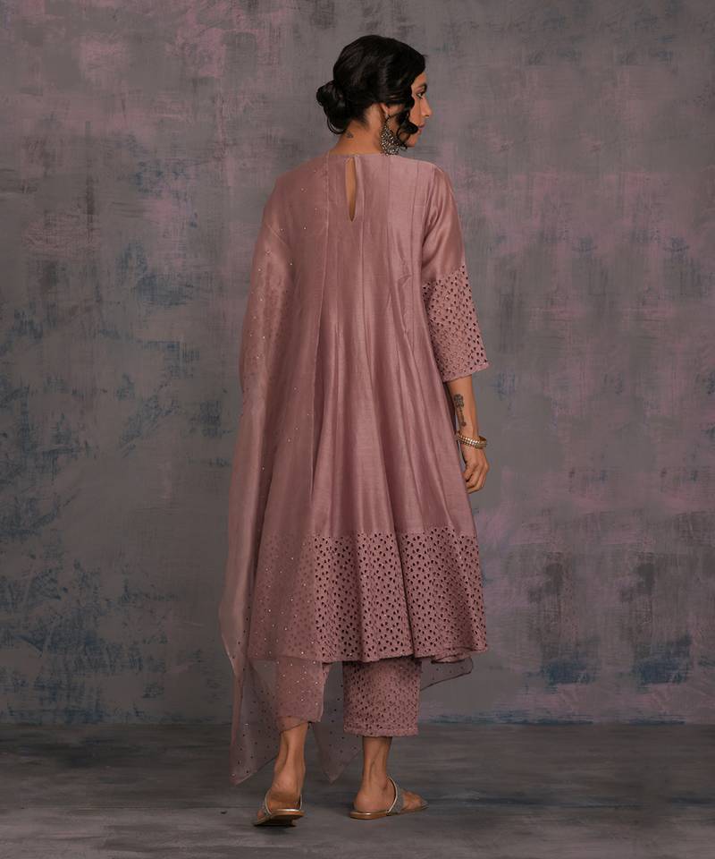 Berry Mauve Flared Anarkali With Pant & Dupatta