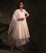 Pearl White Flared Anarkali With Pant & Dupatta