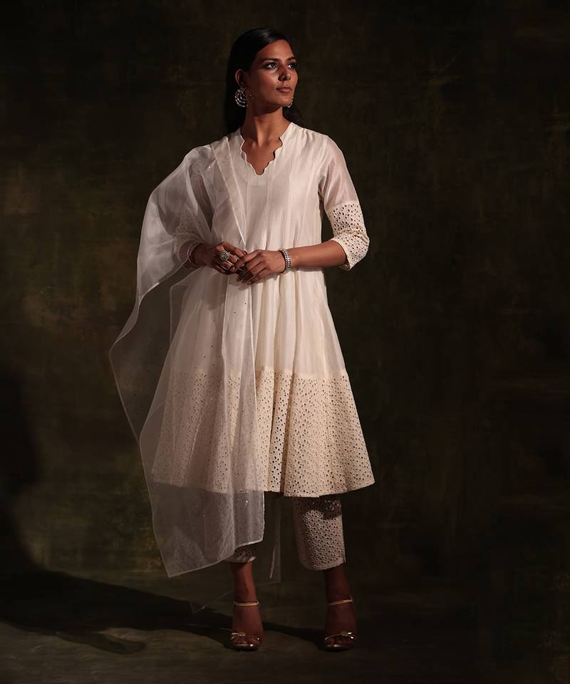 Pearl White Flared Anarkali With Pant & Dupatta