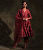 Rust Flared Anarkali With Pant & Dupatta