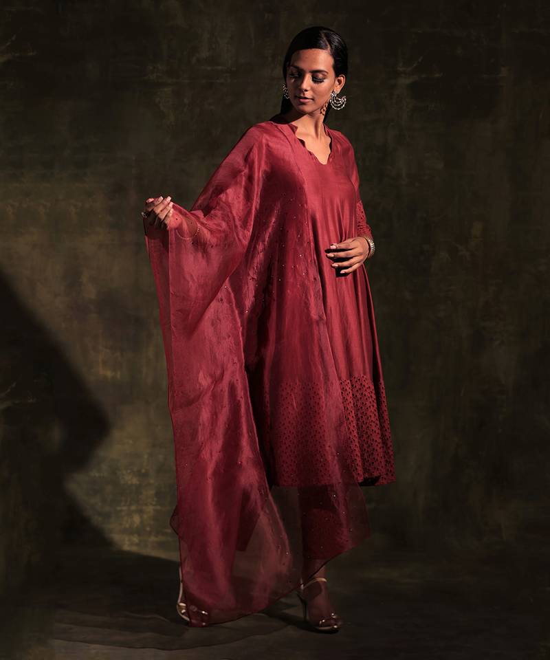 Rust Flared Anarkali With Pant & Dupatta