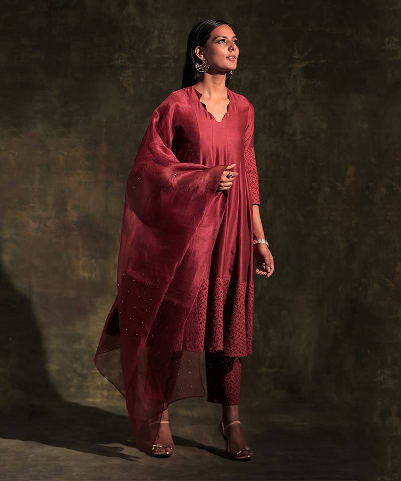 Rust Flared Anarkali With Pant & Dupatta