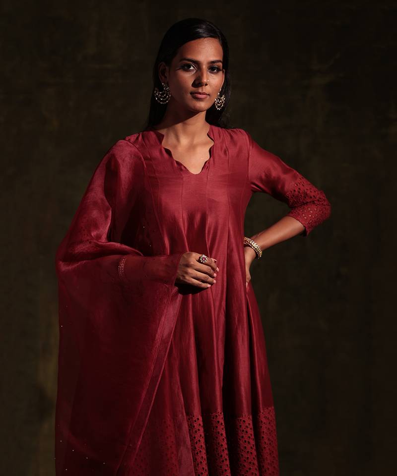 Rust Flared Anarkali With Pant & Dupatta