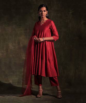 Scarlet Red Flared Anarkali with Pants & Dupatta 2