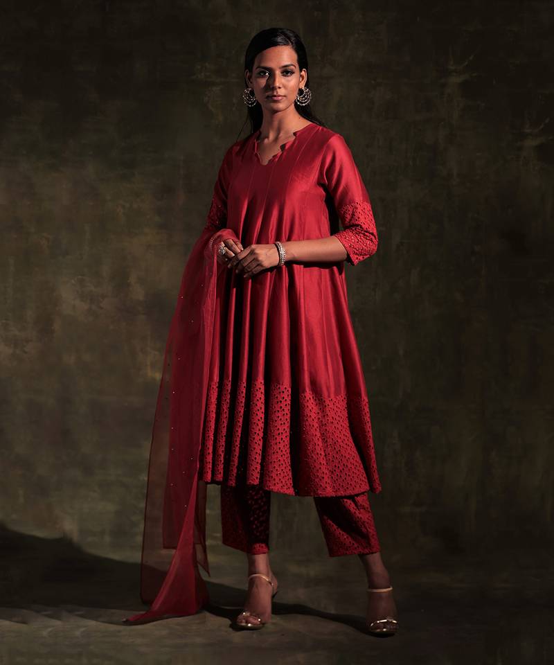 Scarlet Red Flared Anarkali with Pants & Dupatta
