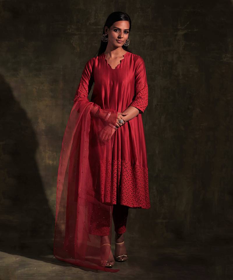 Scarlet Red Flared Anarkali with Pants & Dupatta