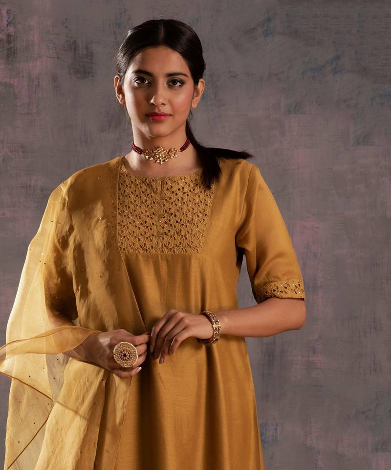 Golden High Low Kurta With Pant & Dupatta 