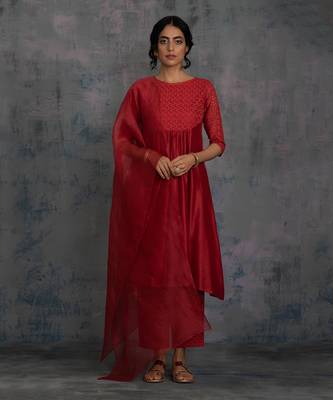 Scarlet Red Round Yoke Kurta With Pant & Dupatta 1