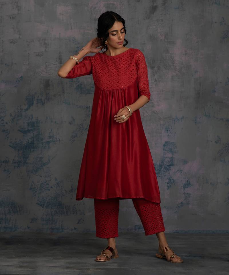 Scarlet Red Round Yoke Kurta With Pant & Dupatta
