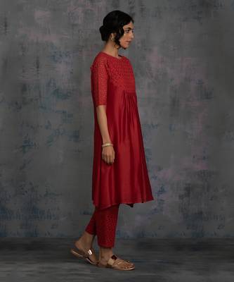 Scarlet Red Round Yoke Kurta With Pant & Dupatta 3