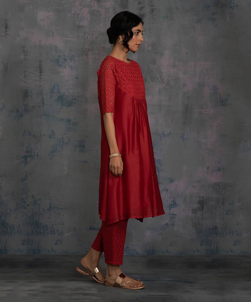 Scarlet Red Round Yoke Kurta With Pant & Dupatta
