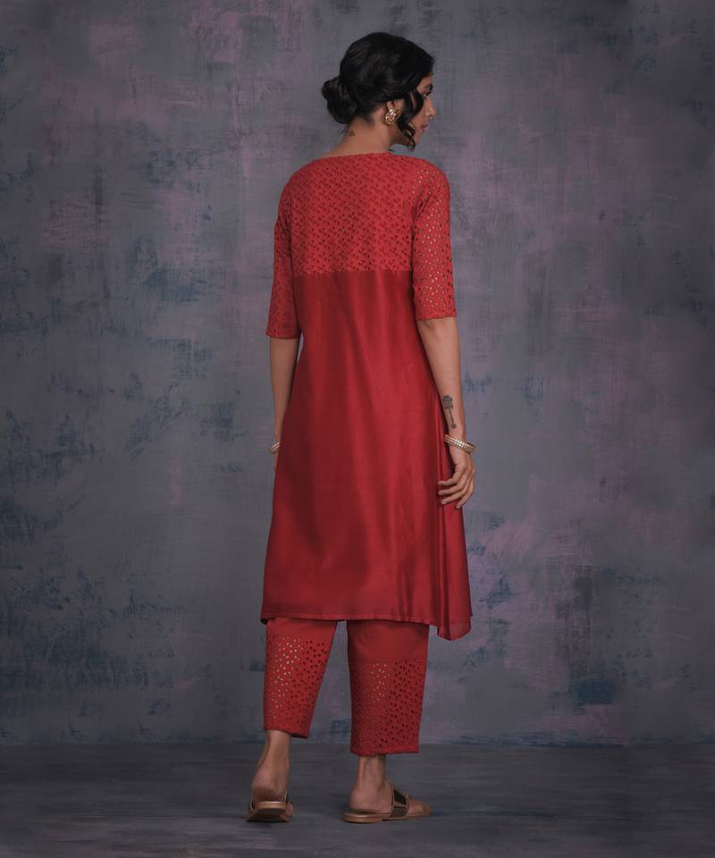 Scarlet Red Round Yoke Kurta With Pant & Dupatta