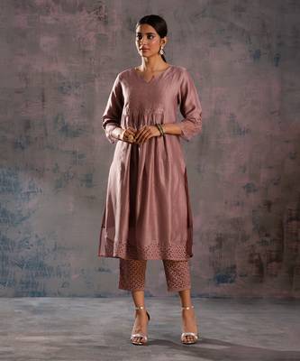 Berry Mauve Front Gathered Kurta With Pant & Dupatta 1