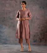 Berry Mauve Front Gathered Kurta With Pant & Dupatta