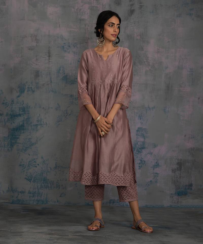 Berry Mauve Front Gathered Kurta With Pant & Dupatta