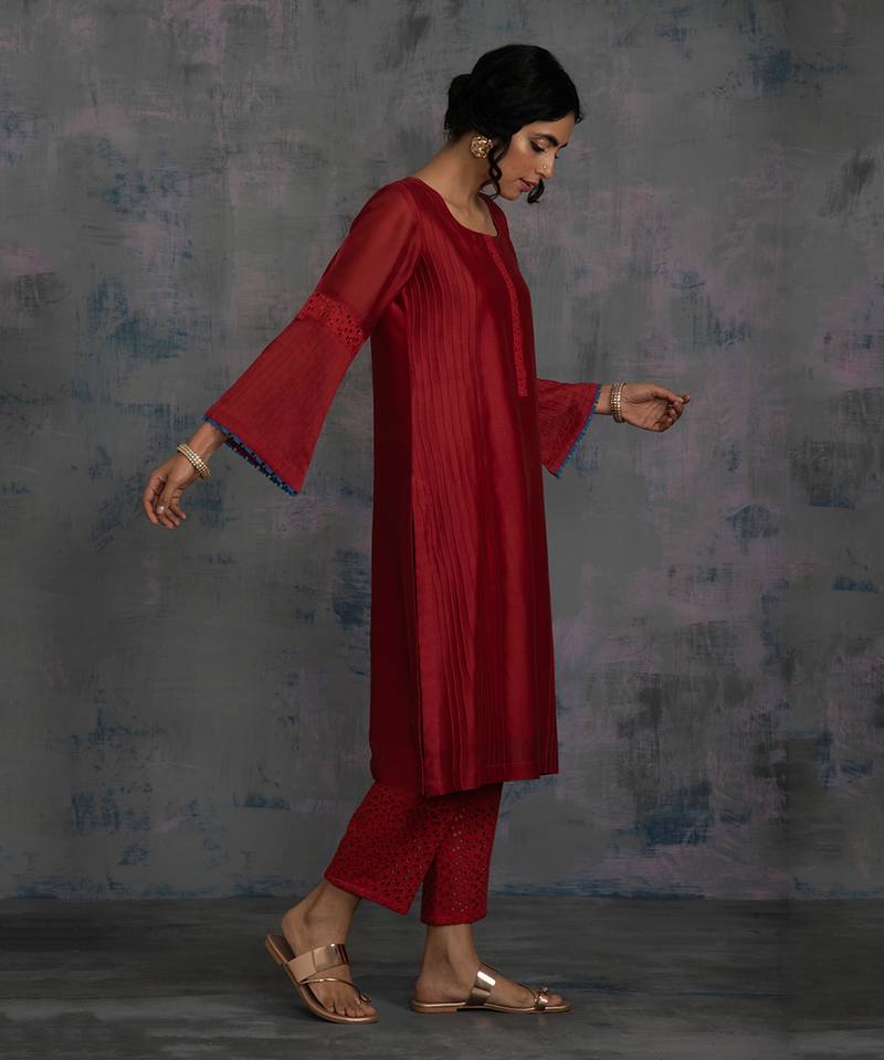 Scarlet Red Flared Sleeves Kurta With Pant & Blue Dupatta