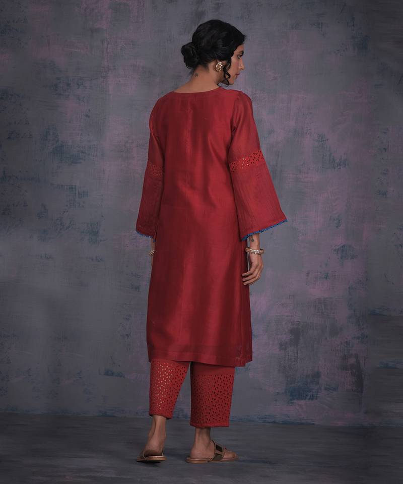 Scarlet Red Flared Sleeves Kurta With Pant & Blue Dupatta