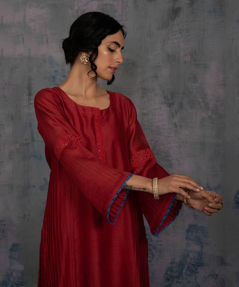 Scarlet Red Flared Sleeves Kurta With Pant & Blue Dupatta
