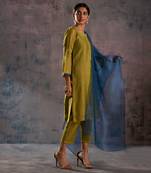 Berry Green Flared Sleeves Kurta With Green Pant & Blue Dupatta 
