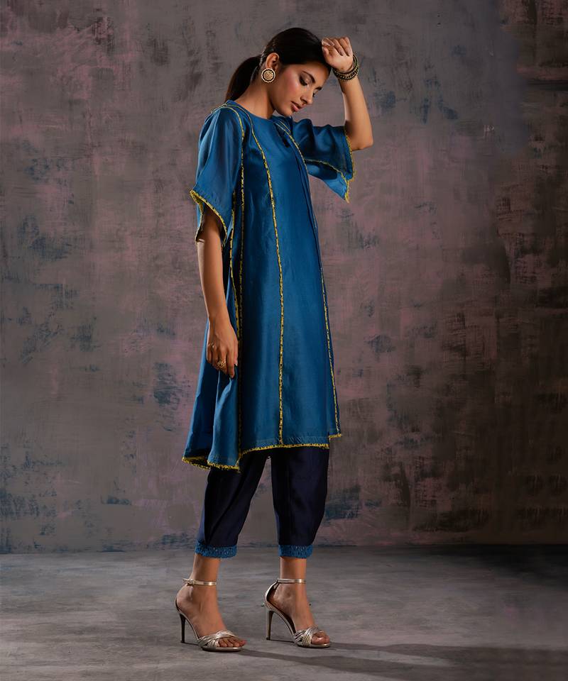 Egyptian Blue Tie-Up Kurta With Side Pleated Salwar