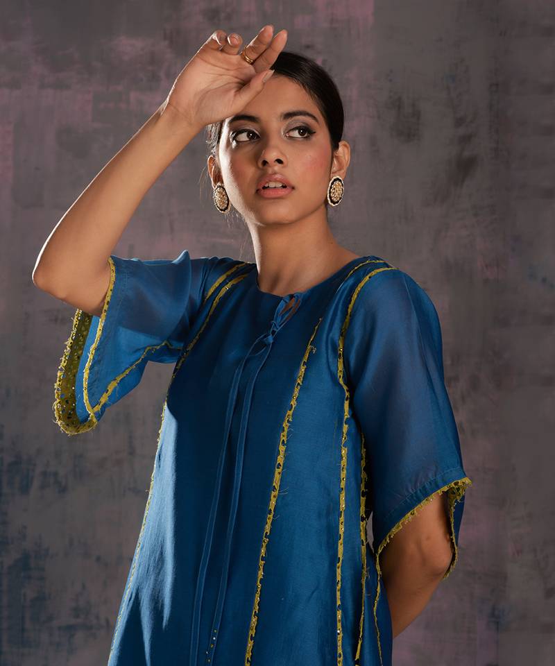 Egyptian Blue Tie-Up Kurta With Side Pleated Salwar