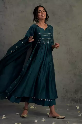 Blue Chanderi Gathered Kurta Set 