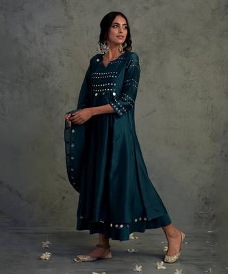 Blue Chanderi Gathered Kurta Set  1