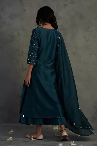 Blue Chanderi Gathered Kurta Set 